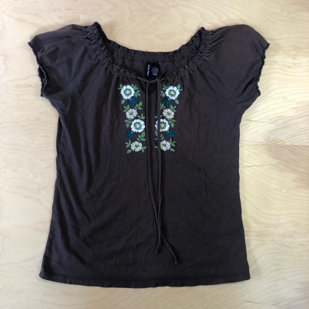 Molly Maxi Brown Embroidered Peasant Blouse 100% Cotten Size Small Farmhouse